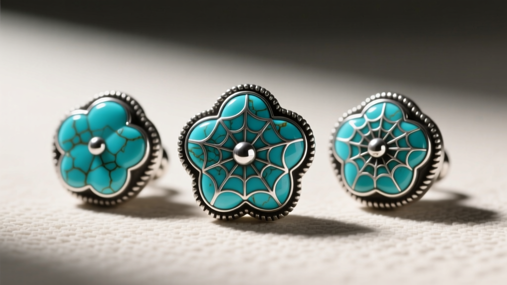 Three distinct squash blossom beads featuring natural spiderweb matrix turquoise set in oxidized sterling silver bezels