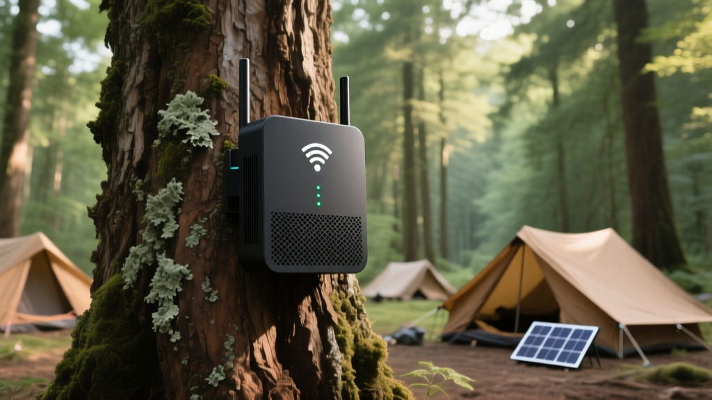 A smart solar-powered mesh Wi-Fi router mounted on a tree trunk, providing off-grid internet to a remote wilderness basecamp.