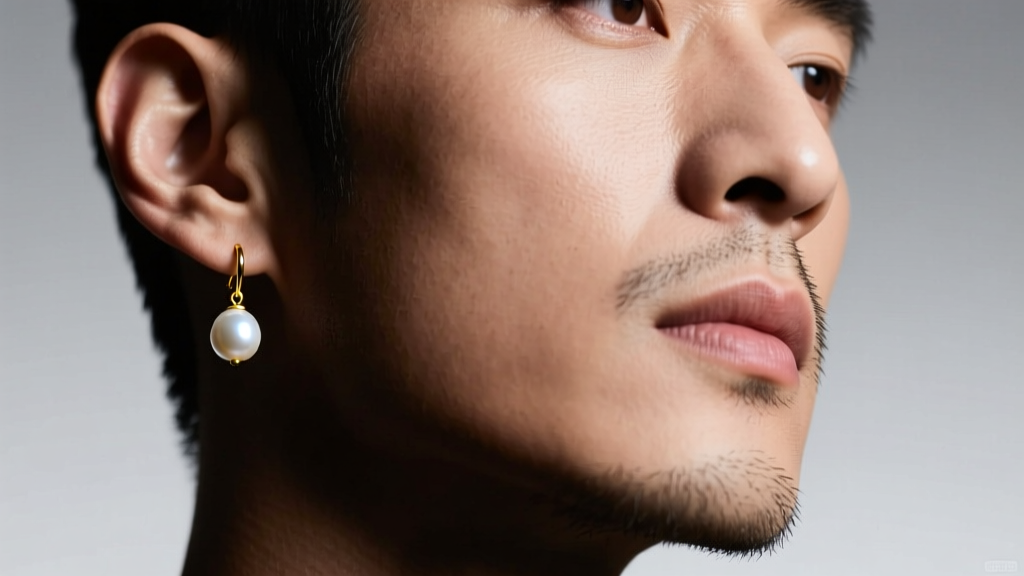 Close-up of a masculine jawline wearing a 9mm white freshwater pearl drop earring on a 14k yellow gold hook in studio lighting