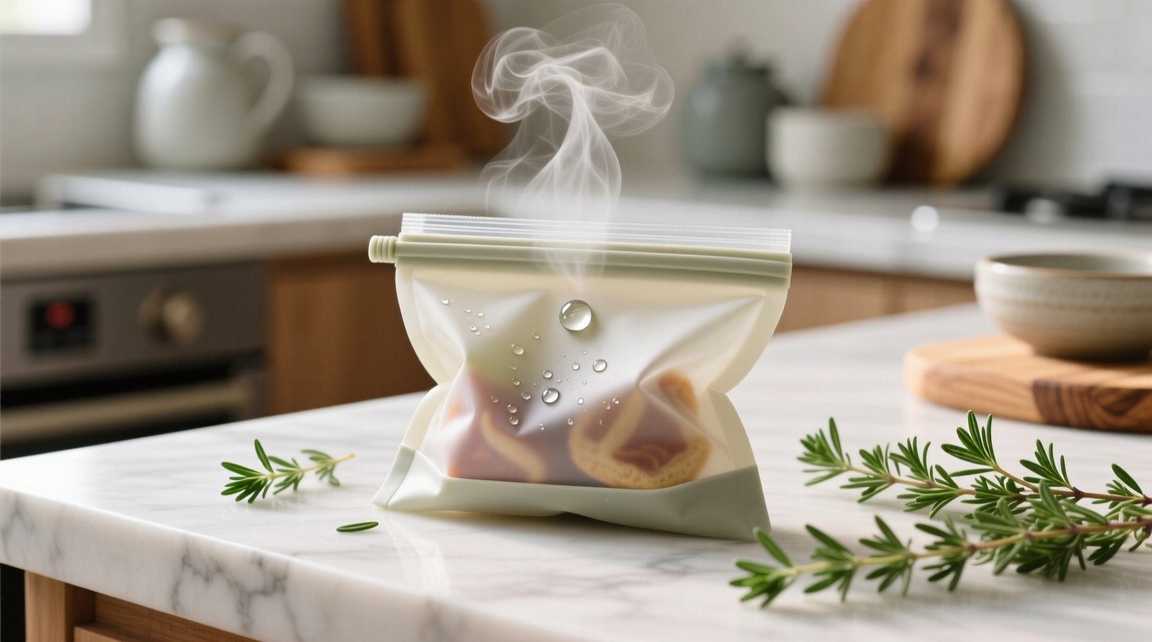 eco friendly cleaning sanitize snack pouches with steam thyme