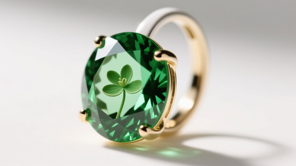 Macro shot of a faceted peridot stone set in a white gold hoop earring, showing internal lily pad inclusions and vivid green hue.