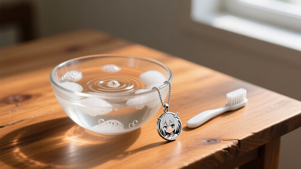 Glass bowl with warm soapy water and a soft-bristled toothbrush resting beside a silver anime pendant on a rustic wooden table.