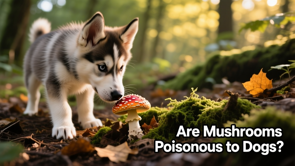 Husky puppy cautiously sniffing a wild mushroom on a forest floor