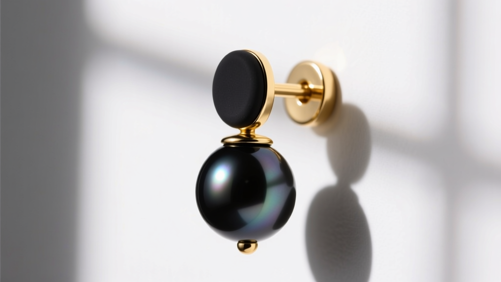 Side view of an 18-gauge gold earring post with a jumbo silicone friction back securing a heavy 12mm round black pearl drop.