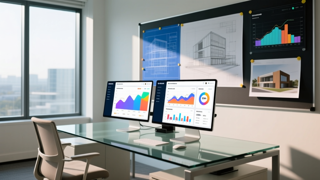 Modern construction office with blueprints and dual monitors displaying a custom CRM dashboard tracking building material costs and bid pipelines