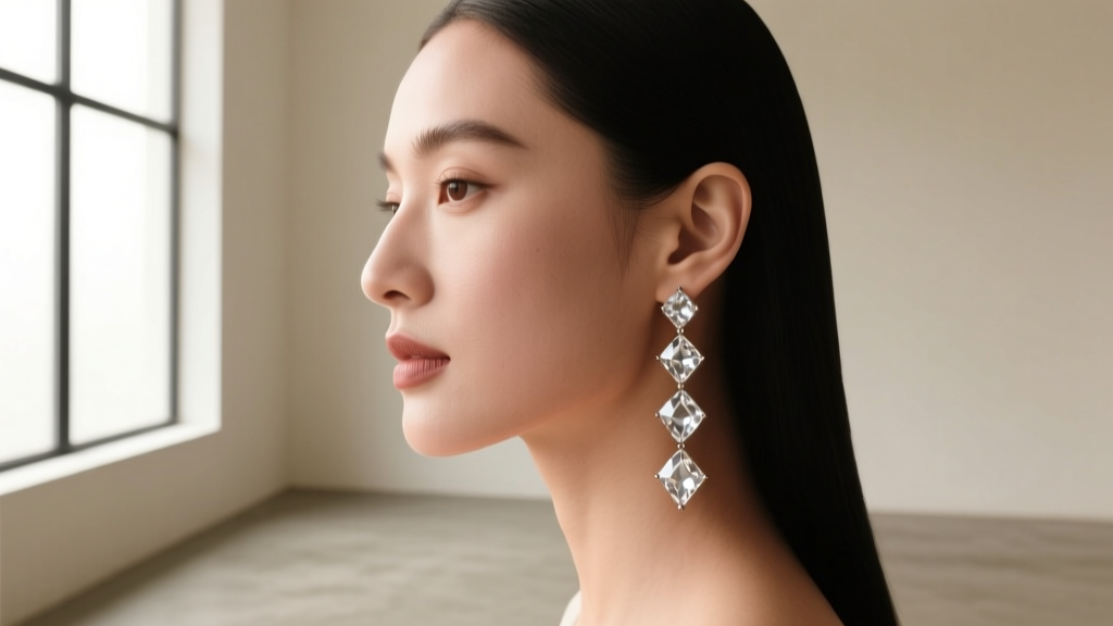 Side profile of a woman wearing tiered crystal dangle earrings that complement an oval face shape under soft, diffused natural light
