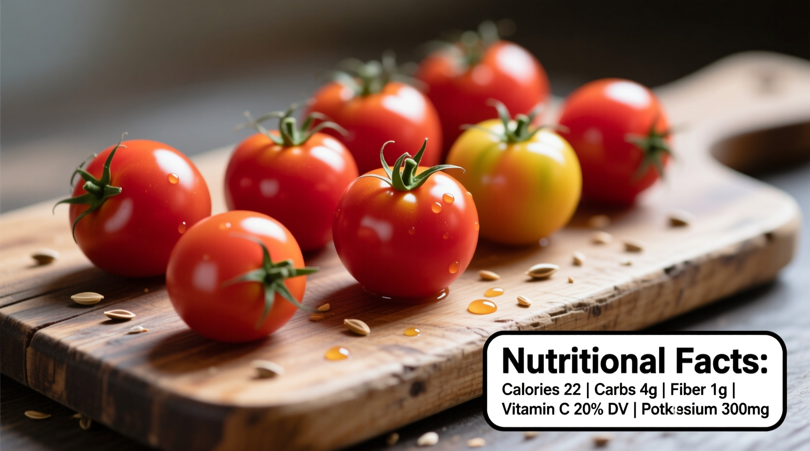 Fresh plum tomatoes on wooden cutting board with nutritional facts