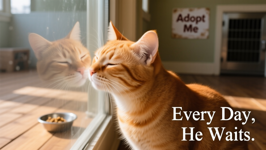 Close-up of an orange cat’s head showing gentle cheek-rubbing motion against clear glass