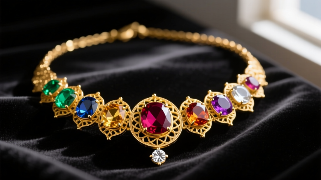 Close-up of a 22k gold navratna necklace with a central ruby cabochon surrounded by eight vibrant gemstones on dark velvet display.