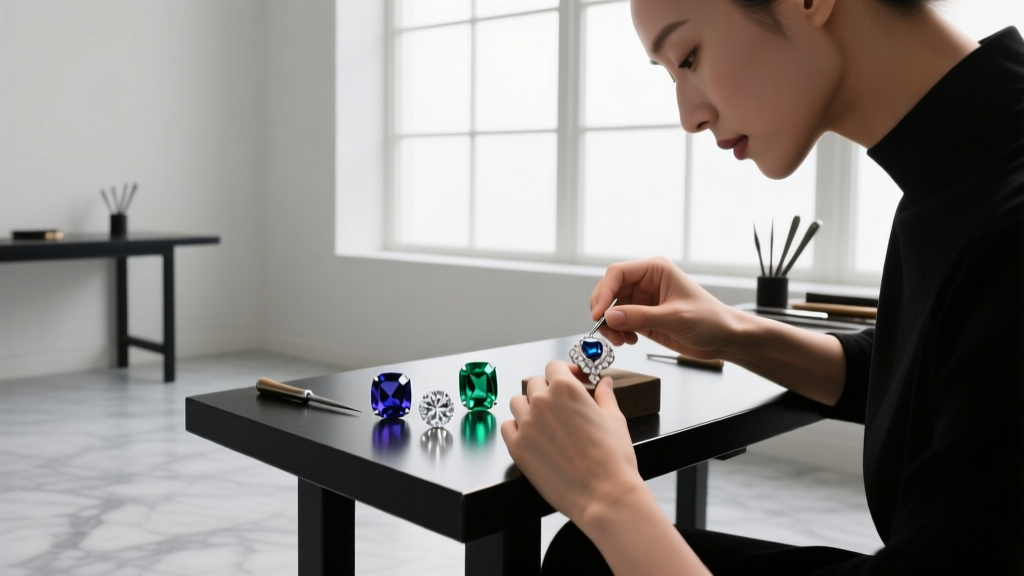 A jeweler's hand using a fine-tipped applicator to apply GS Hypo cement to a loose glass rhinestone on a vintage 1980s earring.