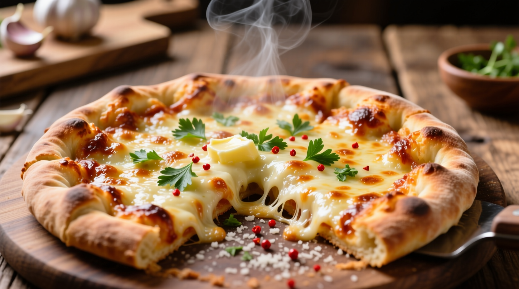 Homemade garlic stuffed crust pizza with melted cheese