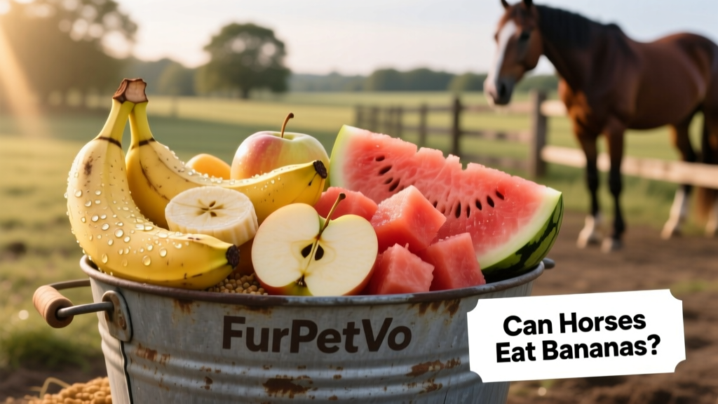 A variety of fresh fruit treats—including sliced bananas, apples, and watermelon—arranged in a FurPetVo horse feeding bucket