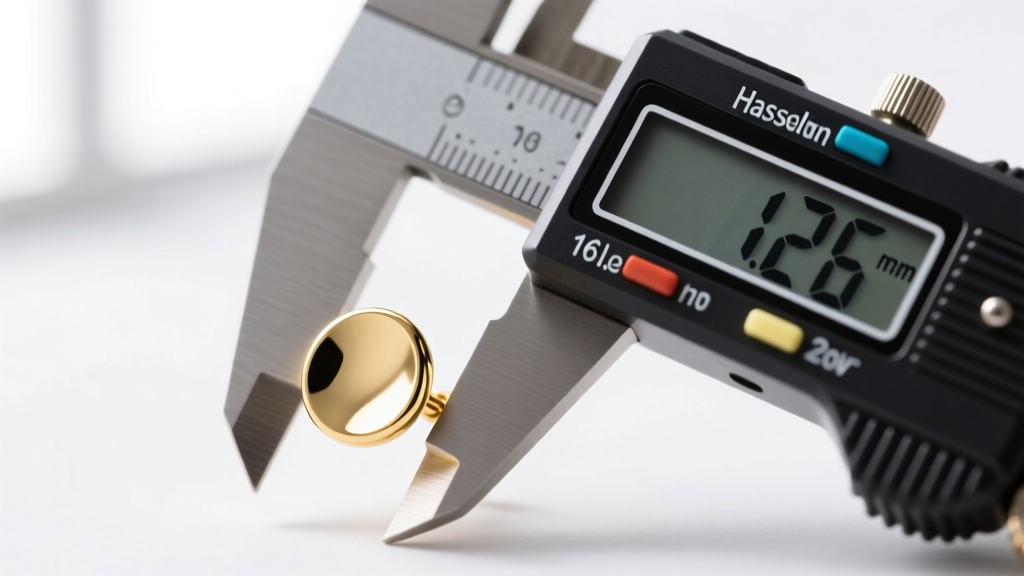 Macro photography of a digital caliper measuring the 1.2mm thickness of a 16-gauge solid white gold cartilage stud earring