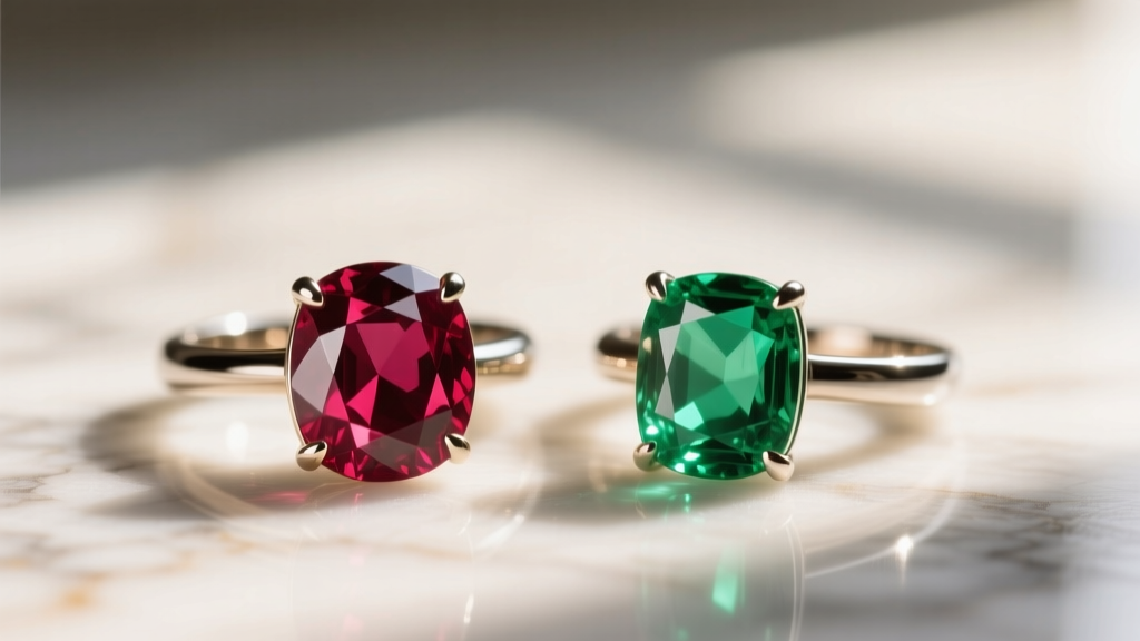Macro shot comparing a secure bezel-set ruby and a four-prong emerald ring against a softly blurred marble background