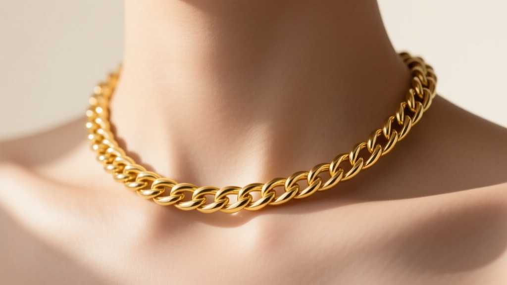 Close-up of an 18-inch 14k yellow gold rope chain resting on a collarbone, soft natural lighting, macro jewelry photography