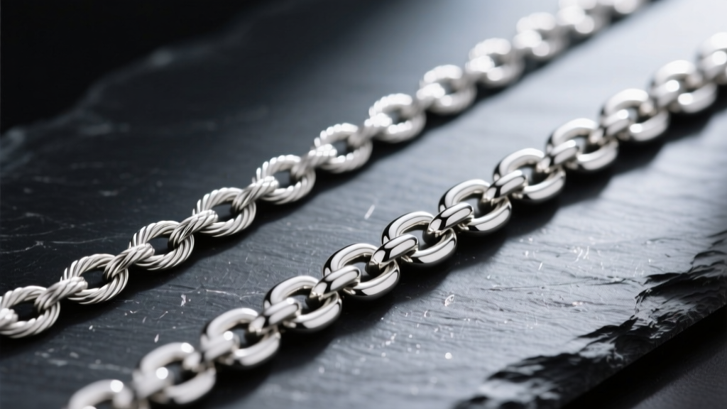 Macro photo comparing a delicate cable chain and a sturdy rolo chain in polished sterling silver laid flat on a dark slate surface