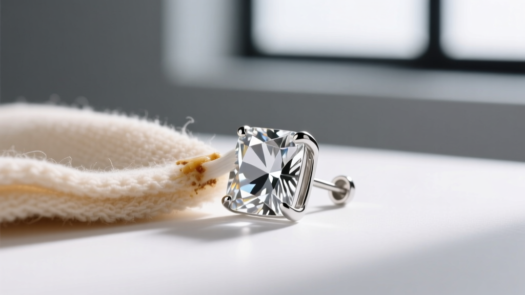 Soft microfiber cloth gently polishing a cubic zirconia crystal set in a silver-plated earring, removing wax residue and tarnish.