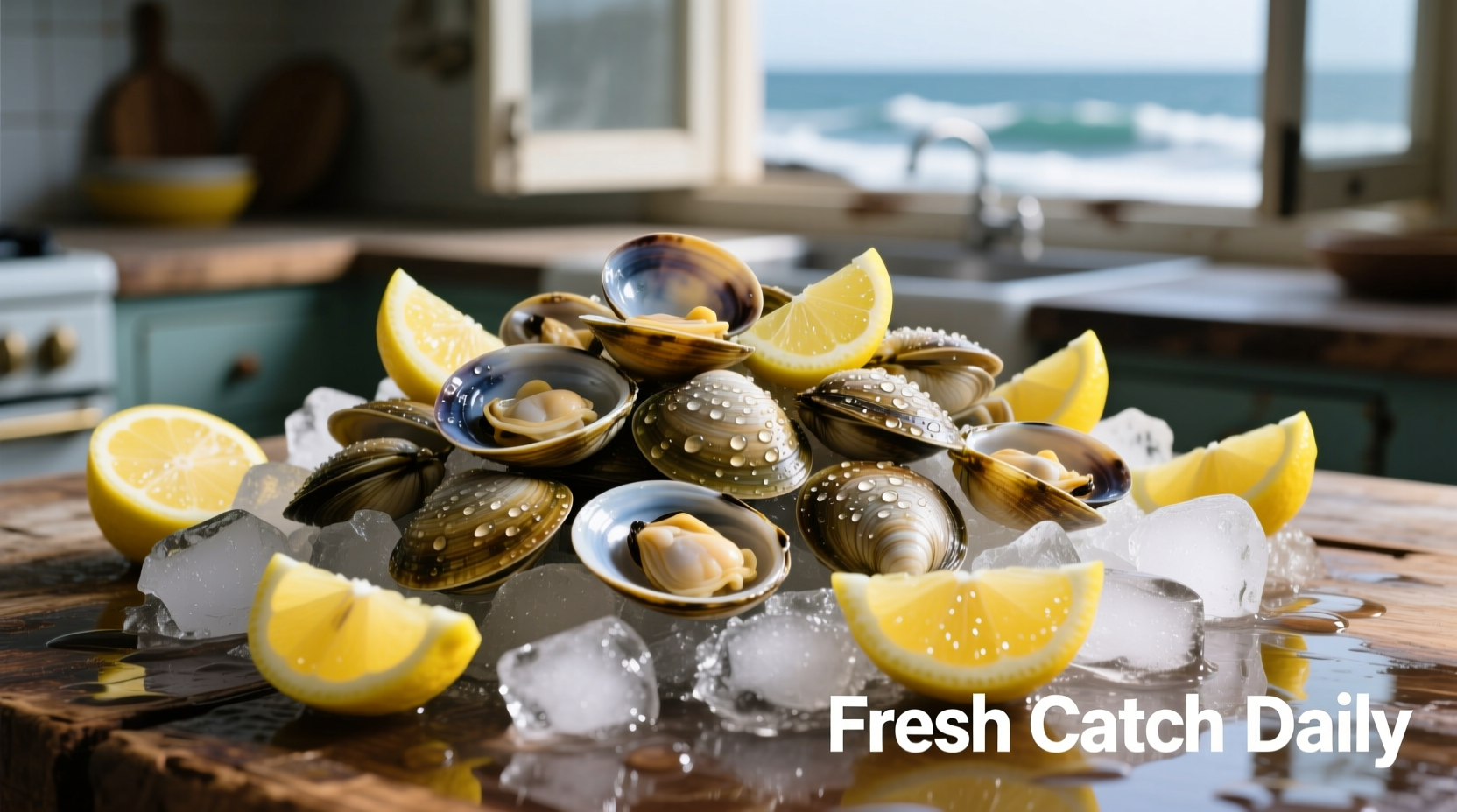 Fresh clams on ice with lemon wedges