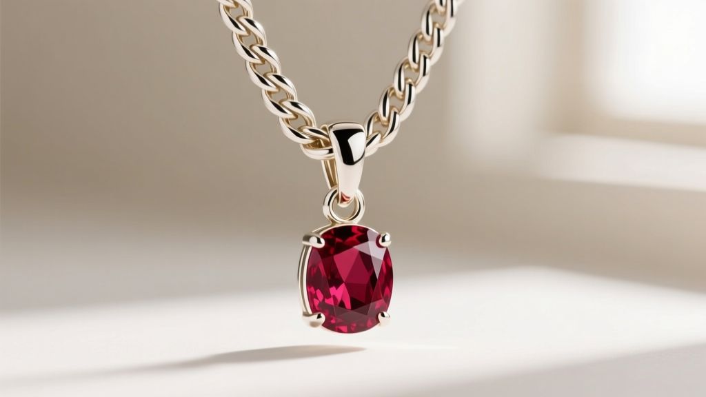 Close-up of an 18k white gold wheat chain and lobster clasp on a ruby pendant, showing the thick, securely soldered jump ring.