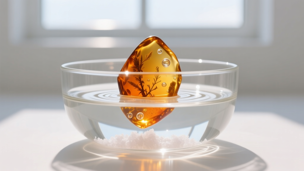 A small piece of raw Baltic amber floating in a clear glass bowl of saturated saltwater, demonstrating the specific gravity test.