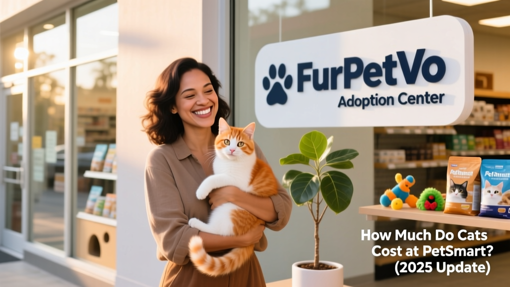 A happy adopter holding a newly adopted kitten while smiling beside a FurPetVo adoption center sign