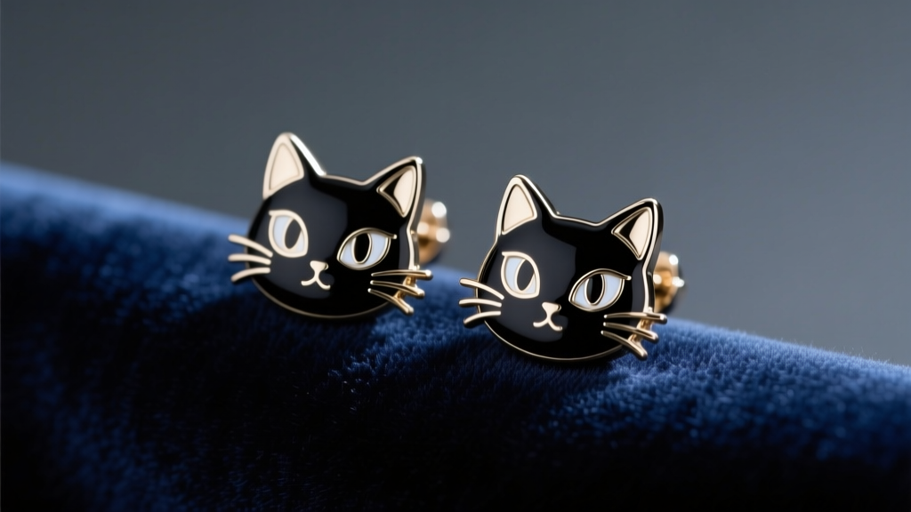 Black enamel cat stud earrings on dark velvet fabric, lit by soft studio lighting to highlight the glossy anime-inspired finish