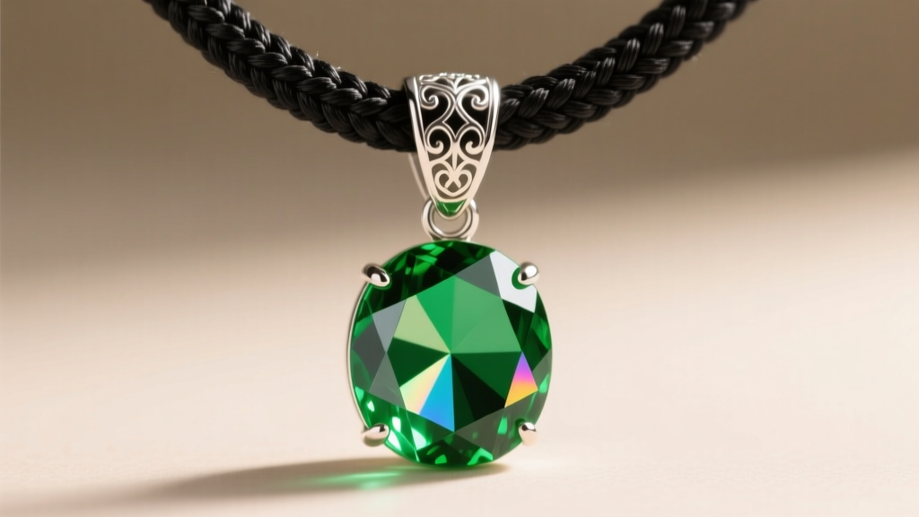 Macro shot of a sterling silver bail attaching a green glass anime crystal pendant to a braided black silk cord.