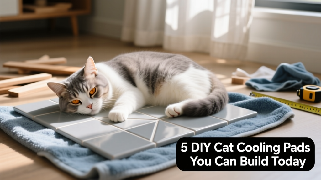 A senior cat napping peacefully on a light gray ceramic tile placed atop a soft blue towel