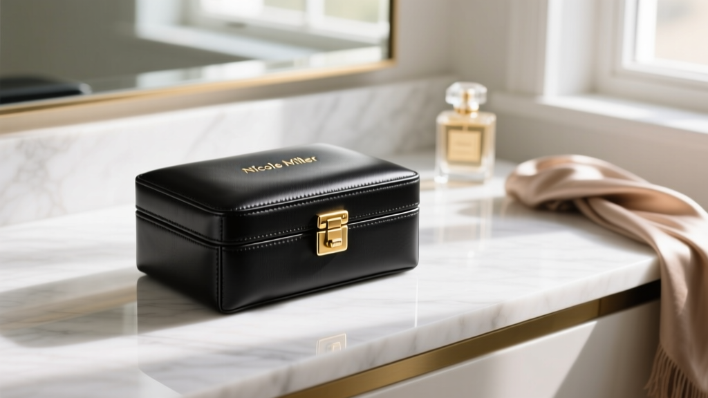 Nicole Miller jewelry box with black faux leather and gold-tone hardware resting on a white marble vanity top in soft morning light