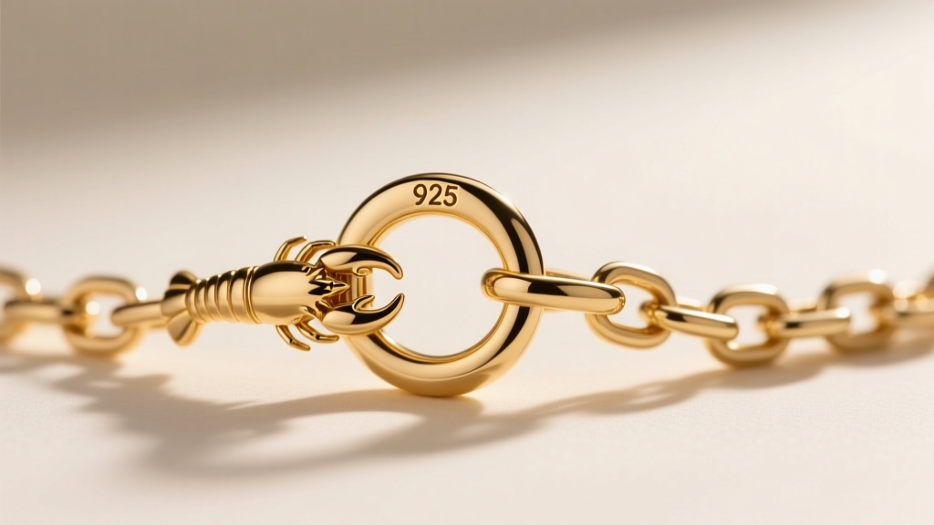 Extreme close-up of a jewelry lobster clasp and jump ring on a delicate gold vermeil chain, highlighting the stamped 925 hallmark.