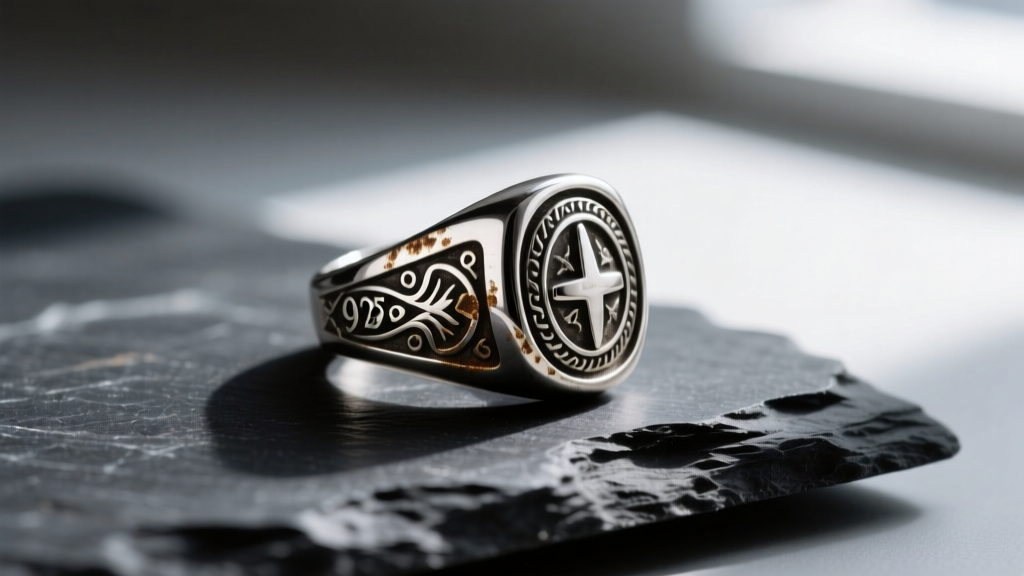 Macro photography of a heavily tarnished 925 sterling silver vintage signet ring resting on dark slate under dramatic side lighting.