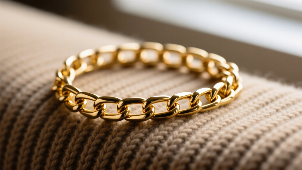 Macro shot of a gold box chain on ribbed wool fabric, showing smooth interlocking square links and a knitwear textile background