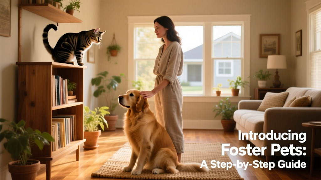 A cat perched confidently on a tall shelf while a dog sits calmly below, both supervised by a person