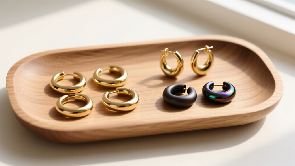 Wooden tray holding hypoallergenic earrings, including solid 14k gold hoops and dark niobium huggies, shot from a top-down angle.