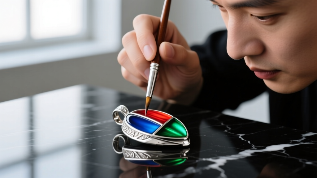 Jeweler applying vibrant cold enamel resin into recessed channels of a sterling silver custom pendant using a fine tipped brush