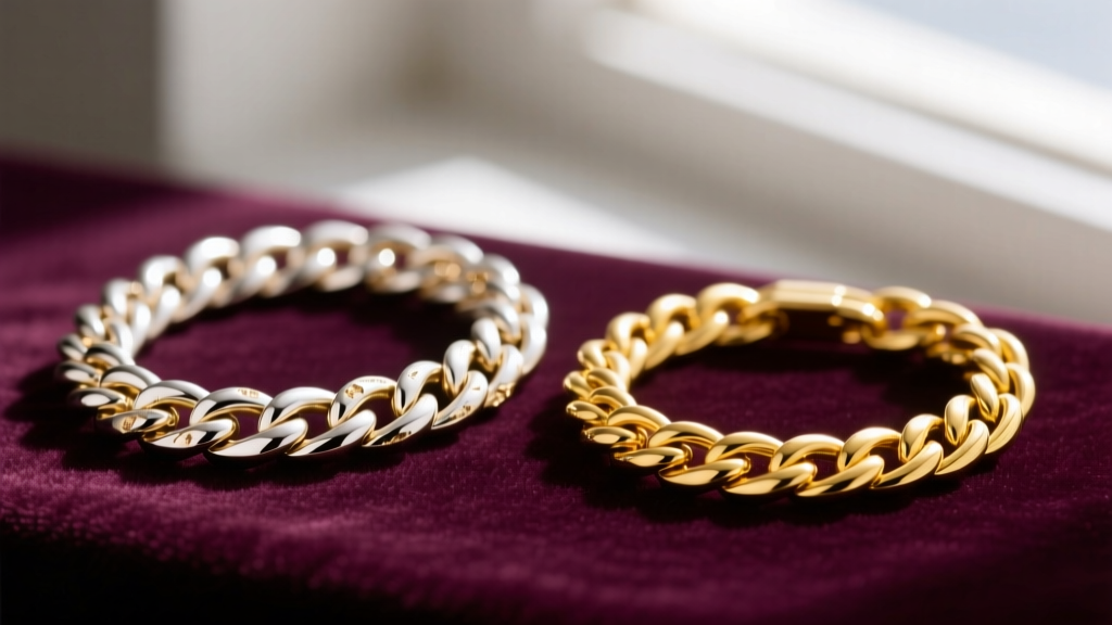 Macro shot of a kinked 18k white gold herringbone chain beside a smooth, unblemished 14k yellow gold figaro chain on velvet