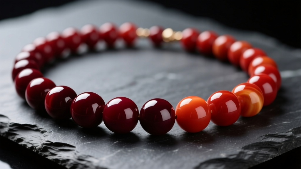 Close-up of an oxblood red coral bead necklace on dark slate, showing smooth polished spherical beads and a natural organic luster.