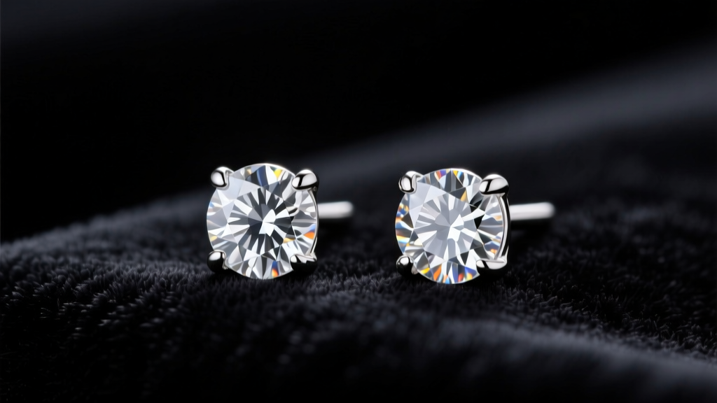 Pair of 1.00ct round brilliant diamond studs in platinum martini settings on dark velvet under soft, diffused studio lighting.