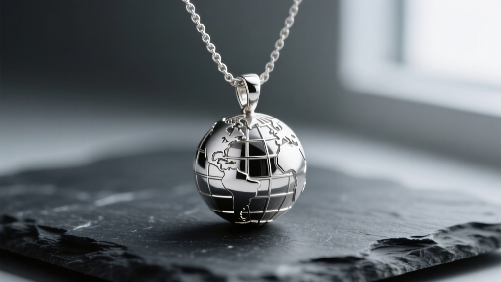 Macro shot of a sterling silver globe necklace pendant on dark slate, showing intricate latitude and longitude line engravings