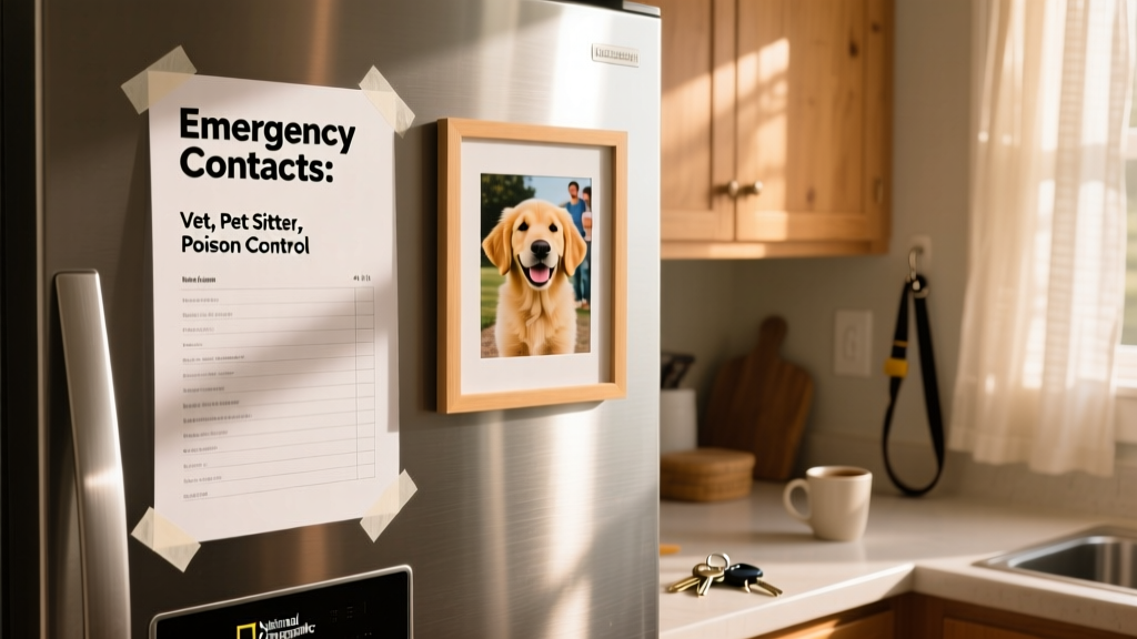 A laminated emergency contact list taped to a refrigerator door, next to a pet photo