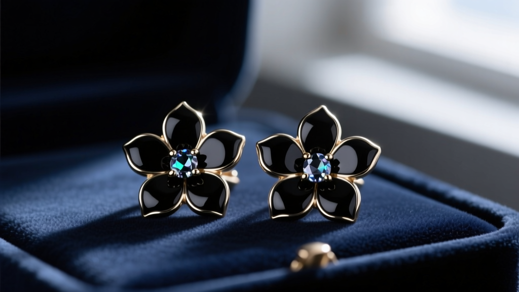 Close-up of black enamel and onyx flower earrings on dark velvet, dramatic lighting highlighting metallic petals and gem facets.