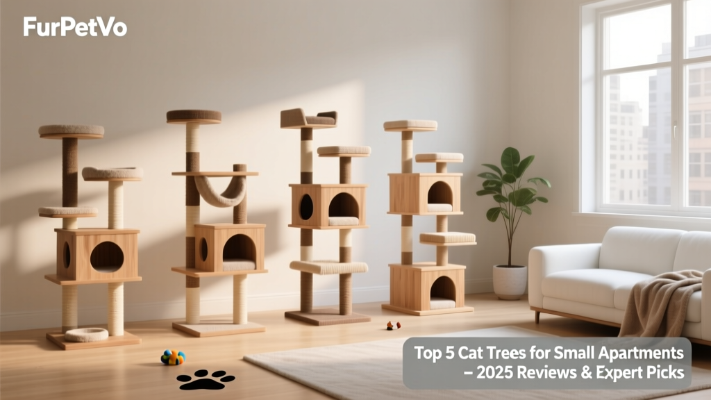 Side-by-side comparison showing five FurPetVo cat trees arranged in a tidy, minimalist living room
