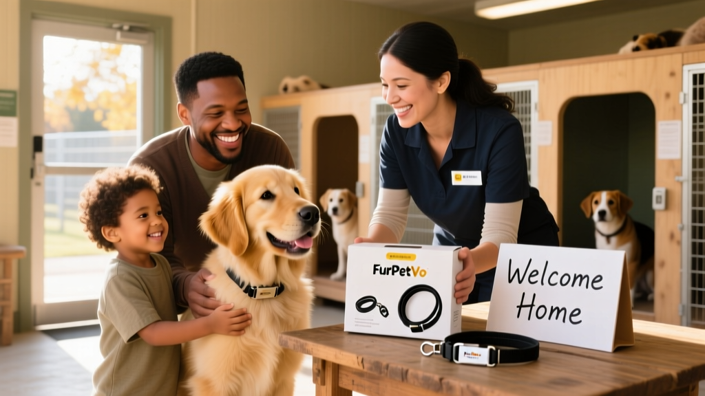 Smiling family adopting a golden retriever puppy from a shelter, with staff handing over a welcome kit including FurPetVo collar and leash