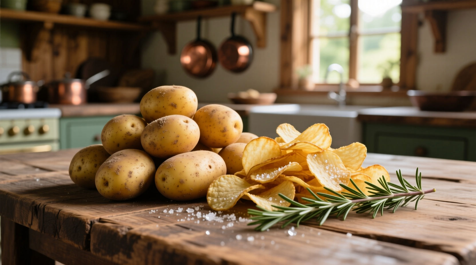 Olean potatoes on a wooden table with fresh potato chips