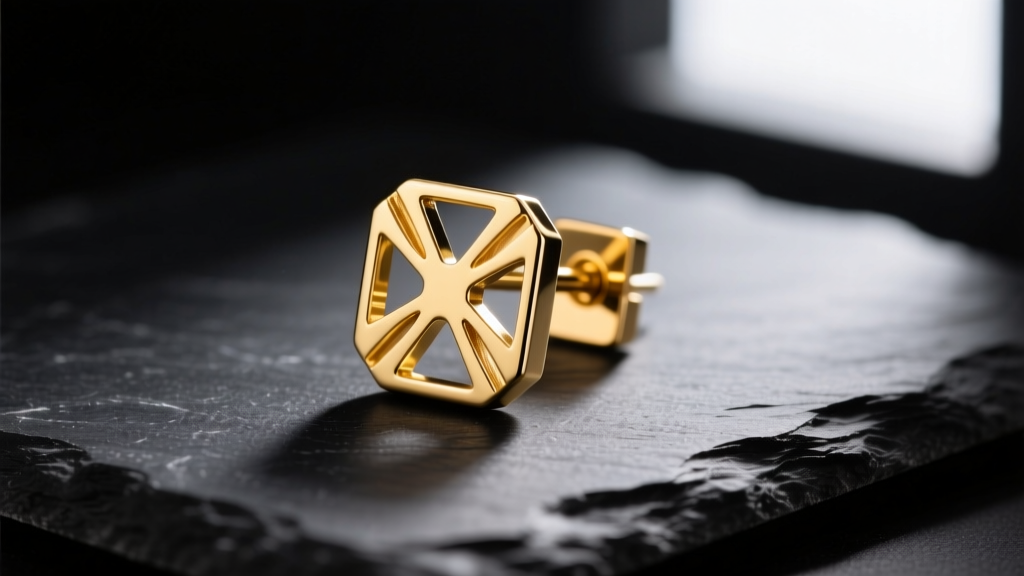 Macro shot of a 14k yellow gold friction earring back on black slate, highlighting precise laser-cut tension slits