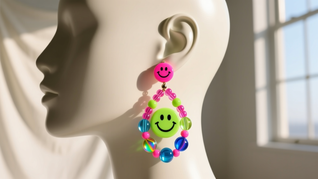 Vibrant acrylic kandi beaded drop earrings on a mannequin ear, featuring smiley face beads and neon festival lighting.