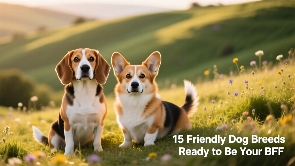 A cheerful Beagle and Pembroke Welsh Corgi sitting side-by-side on a grassy hill, both looking attentively at the camera