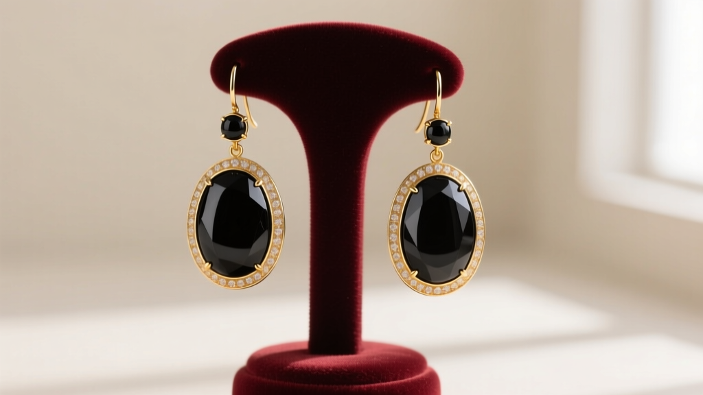 Elegant black onyx dangle earrings hanging from a velvet display bust, highlighting the polished stone and gold bezel setting.