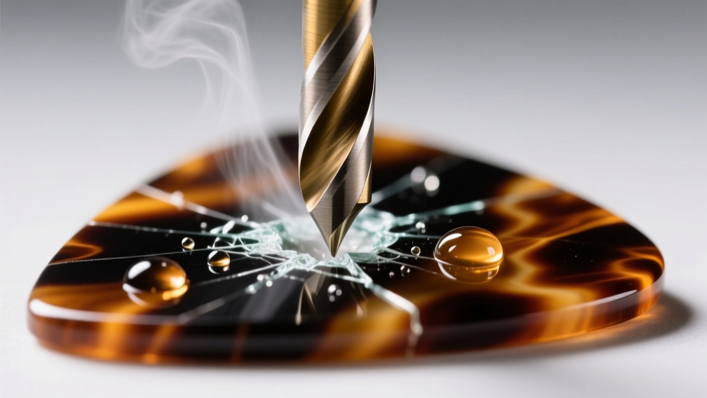 Macro shot of a carbide drill bit piercing a tortoiseshell acrylic guitar pick with water cooling to prevent thermal melting