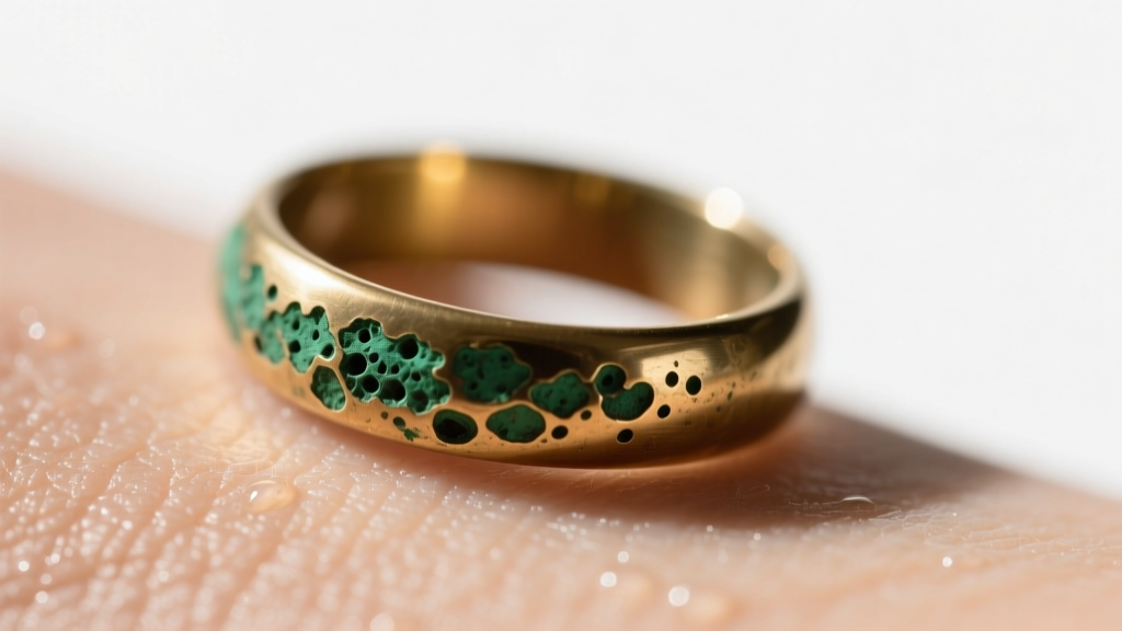 Close-up of a brass ring showing green oxidation on skin under bright light, highlighting the porous metal texture.